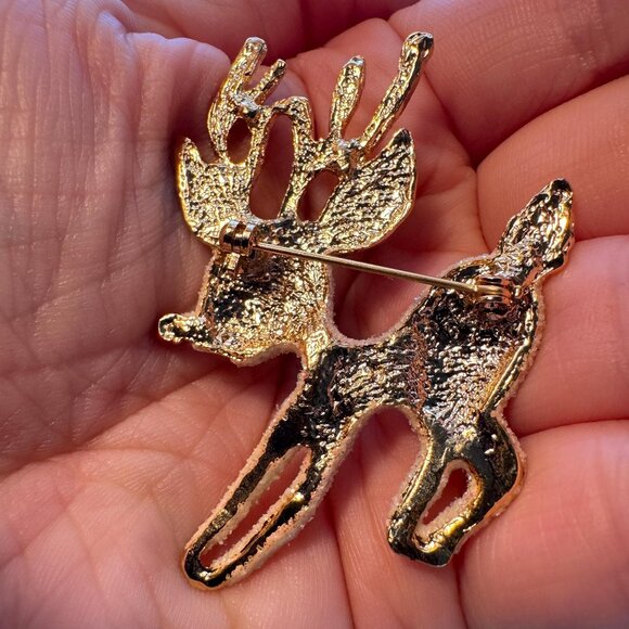 Vintage Style Reindeer Brooch Gold Glitter Flocked Holiday Christmas Pin 2.25" - Picture 2 of 5
